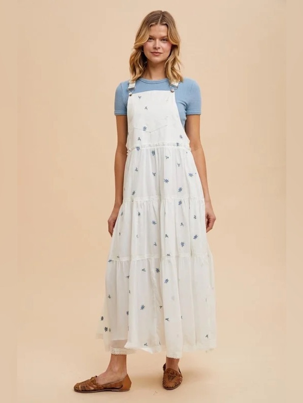 In Loom Daisy Chain 100% Cotton Overall Dress Size Small NWOT White Blue Floral